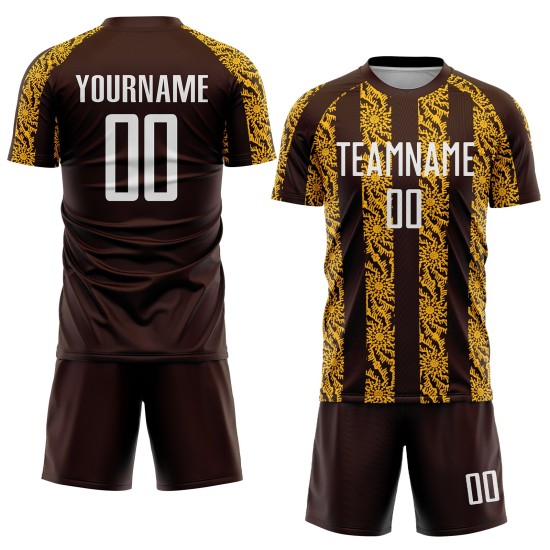 Maglia da calcio personalizzata con stampa a sublimazione di forma astratta marrone bianco-oro Maglia da calcio personalizzata con stampa a sublimazione di forma astratta marrone bianco-oro