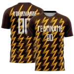 Maglia da calcio personalizzata con stampa a sublimazione a zigzag marrone bianco-oro Maglia da calcio personalizzata con stampa a sublimazione a zigzag marrone bianco-oro