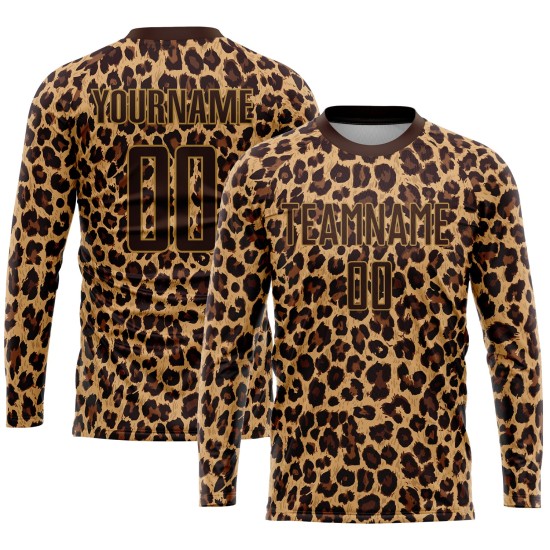 Maglia da calcio personalizzata con stampa leopardata marrone-oro antico Maglia da calcio personalizzata con stampa leopardata marrone-oro antico