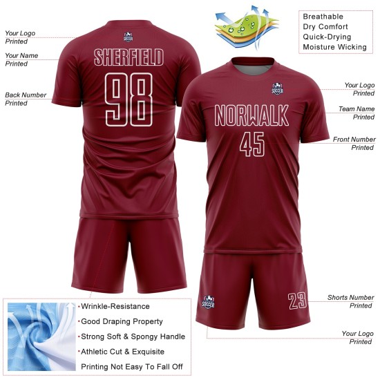 Maglia da calcio personalizzata con stampa a sublimazione di forme geometriche bianche e cremisi Maglia da calcio personalizzata con stampa a sublimazione di forme geometriche bianche e cremisi