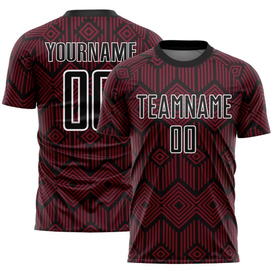 Maglia da calcio personalizzata Crimson Black-White con forme geometriche astratte stampate a sublimazione Maglia da calcio personalizzata Crimson Black-White con forme geometriche astratte stampate a sublimazione