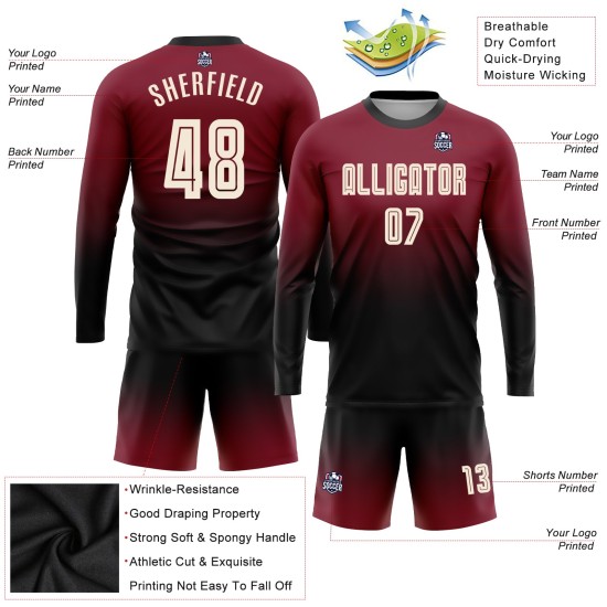 Maglia da calcio personalizzata Crimson Cream-Black con stampa sublimatica a maniche lunghe e sfumata Maglia da calcio personalizzata Crimson Cream-Black con stampa sublimatica a maniche lunghe e sfumata