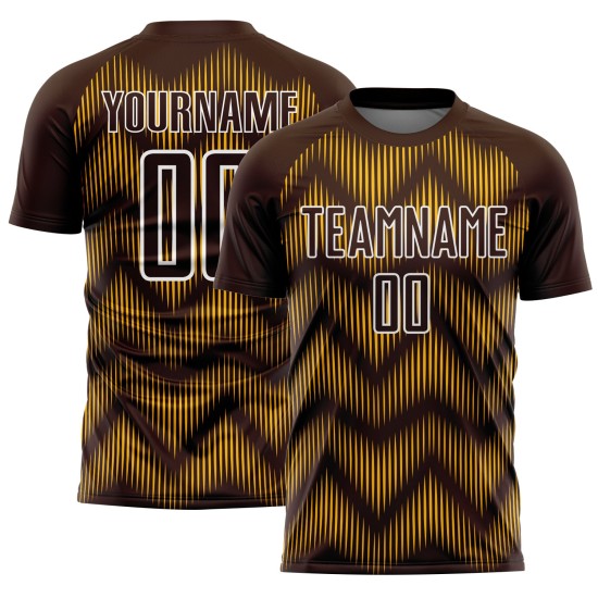 Maglia da calcio personalizzata con stampa a sublimazione marrone oro-bianco Maglia da calcio personalizzata con stampa a sublimazione marrone oro-bianco