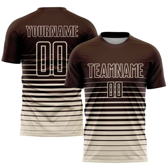 Maglia da calcio personalizzata con stampa sublimatica a righe marroni e crema sfumate Maglia da calcio personalizzata con stampa sublimatica a righe marroni e crema sfumate