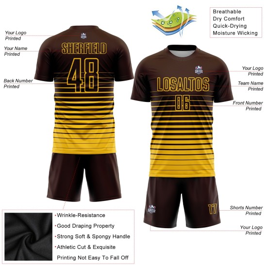 Maglia da calcio personalizzata con stampa sublimatica a righe gialle e marroni Maglia da calcio personalizzata con stampa sublimatica a righe gialle e marroni