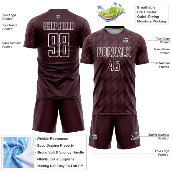 Maglia da calcio personalizzata marrone bianca con stampa a sublimazione Maglia da calcio personalizzata marrone bianca con stampa a sublimazione