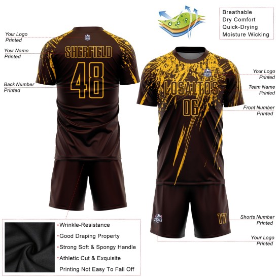 Maglia da calcio personalizzata con stampa a sublimazione marrone-oro Maglia da calcio personalizzata con stampa a sublimazione marrone-oro
