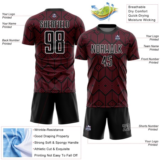 Maglia da calcio personalizzata Crimson Black-White con forme geometriche astratte stampate a sublimazione Maglia da calcio personalizzata Crimson Black-White con forme geometriche astratte stampate a sublimazione