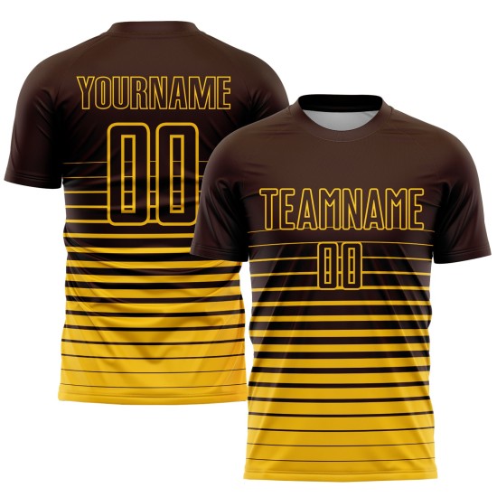 Maglia da calcio personalizzata con stampa sublimatica a righe gialle e marroni Maglia da calcio personalizzata con stampa sublimatica a righe gialle e marroni