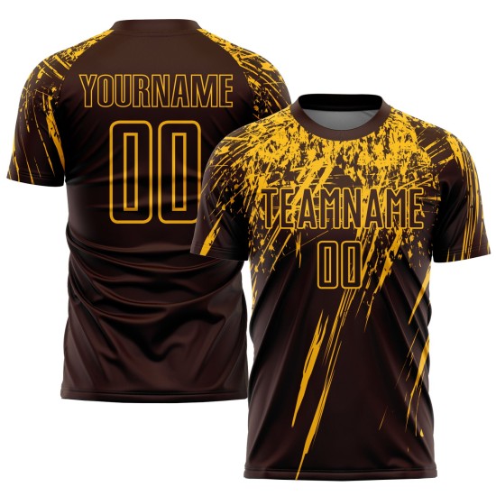Maglia da calcio personalizzata con stampa a sublimazione marrone-oro Maglia da calcio personalizzata con stampa a sublimazione marrone-oro
