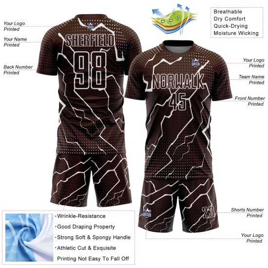 Maglia da calcio personalizzata con sublimazione Brown White Lightning Maglia da calcio personalizzata con sublimazione Brown White Lightning