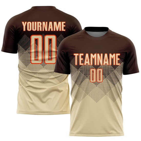 Maglia da calcio personalizzata con stampa a sublimazione marrone crema-arancione Maglia da calcio personalizzata con stampa a sublimazione marrone crema-arancione