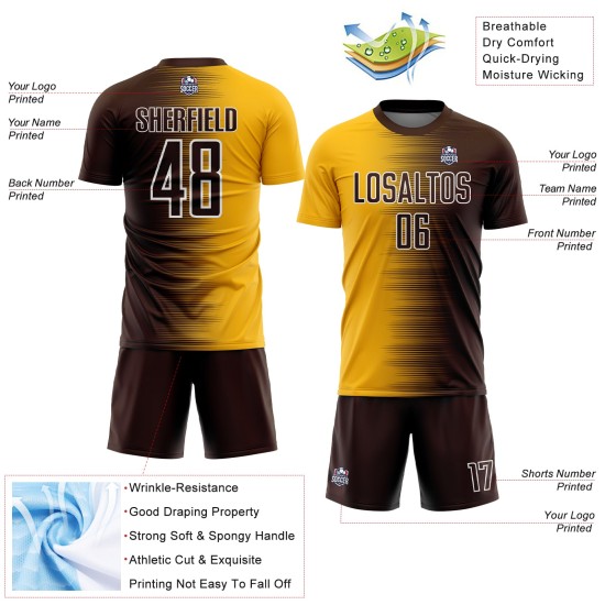 Maglia da calcio personalizzata con stampa a sublimazione con gradiente marrone oro-bianco Maglia da calcio personalizzata con stampa a sublimazione con gradiente marrone oro-bianco