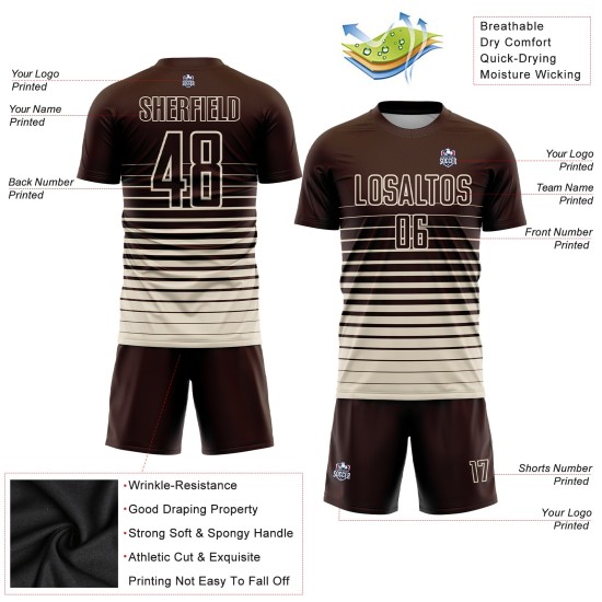 Maglia da calcio personalizzata con stampa sublimatica a righe marroni e crema sfumate Maglia da calcio personalizzata con stampa sublimatica a righe marroni e crema sfumate