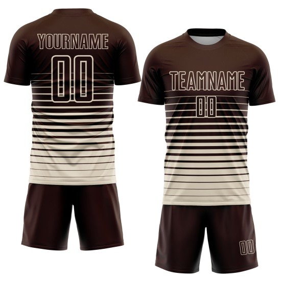 Maglia da calcio personalizzata con stampa sublimatica a righe marroni e crema sfumate Maglia da calcio personalizzata con stampa sublimatica a righe marroni e crema sfumate