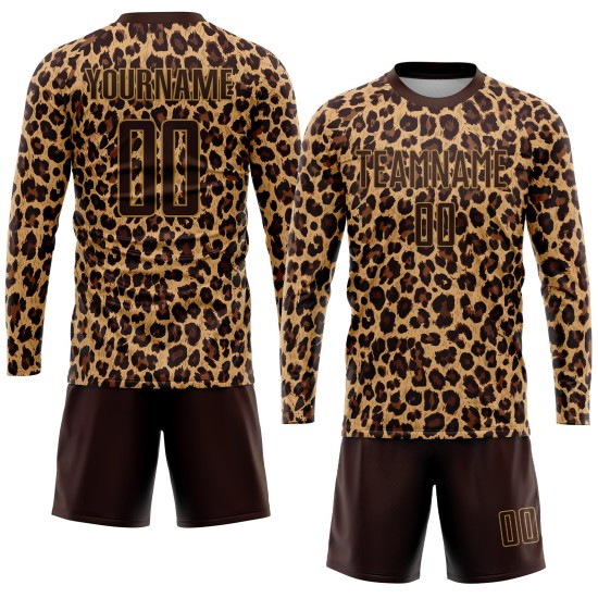 Maglia da calcio personalizzata con stampa leopardata marrone-oro antico Maglia da calcio personalizzata con stampa leopardata marrone-oro antico
