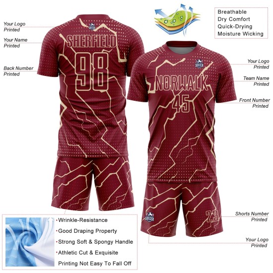 Maglia da calcio personalizzata Crimson City Cream Lightning stampata a sublimazione Maglia da calcio personalizzata Crimson City Cream Lightning stampata a sublimazione