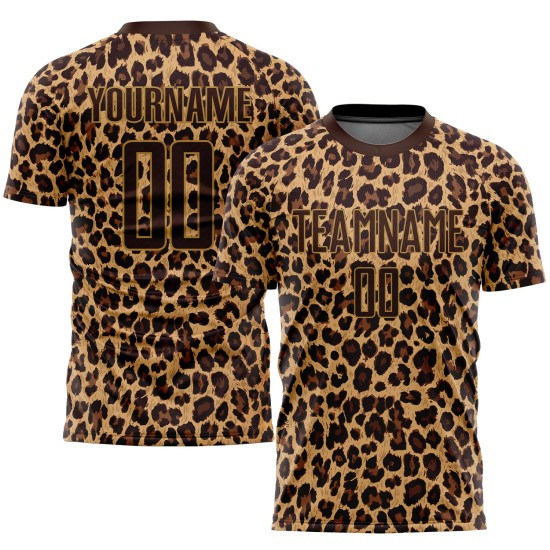 Maglia da calcio personalizzata con stampa leopardata marrone-oro antico Maglia da calcio personalizzata con stampa leopardata marrone-oro antico