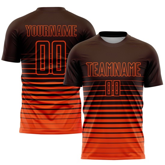 Maglia da calcio personalizzata con stampa sublimatica a righe marroni e arancioni sfumate Maglia da calcio personalizzata con stampa sublimatica a righe marroni e arancioni sfumate