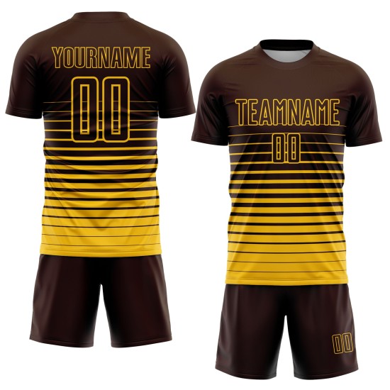 Maglia da calcio personalizzata con stampa sublimatica a righe gialle e marroni Maglia da calcio personalizzata con stampa sublimatica a righe gialle e marroni